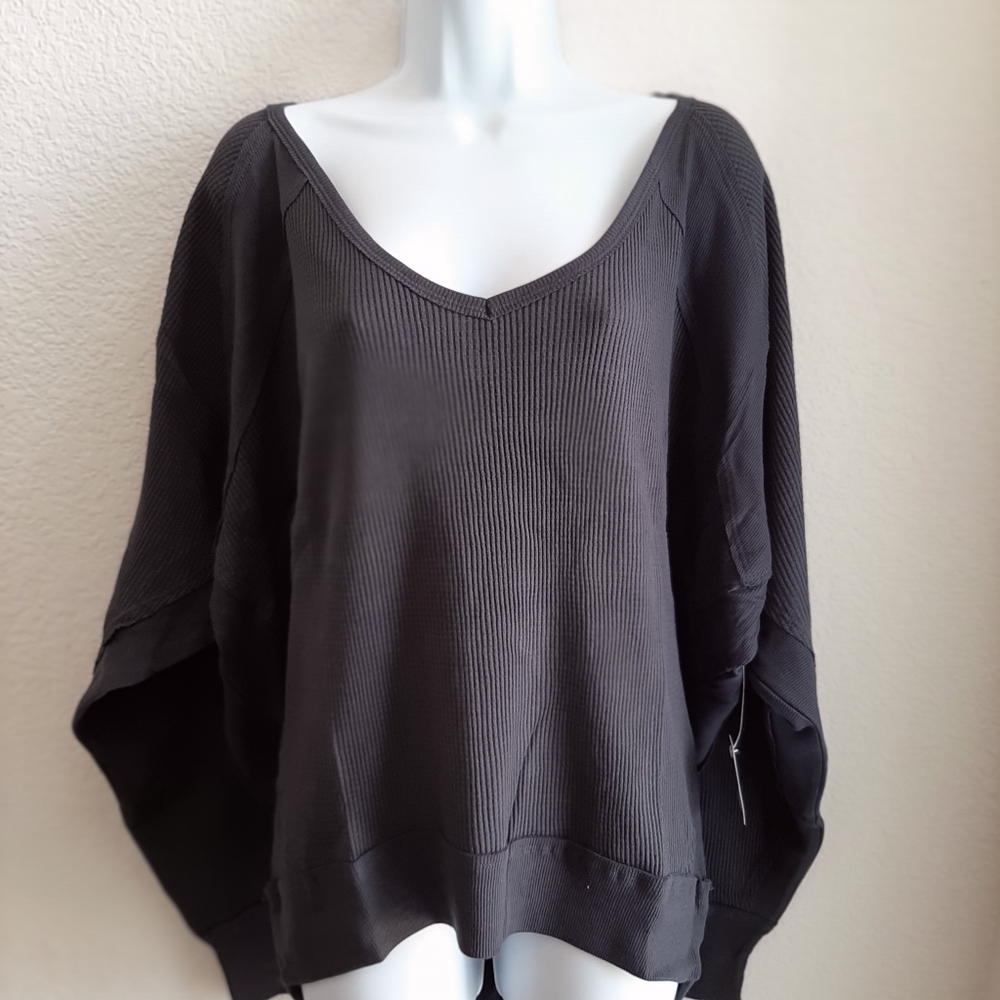 Free People NWT Santa Clara Thermal Black, Medium, Women's Pullover Top